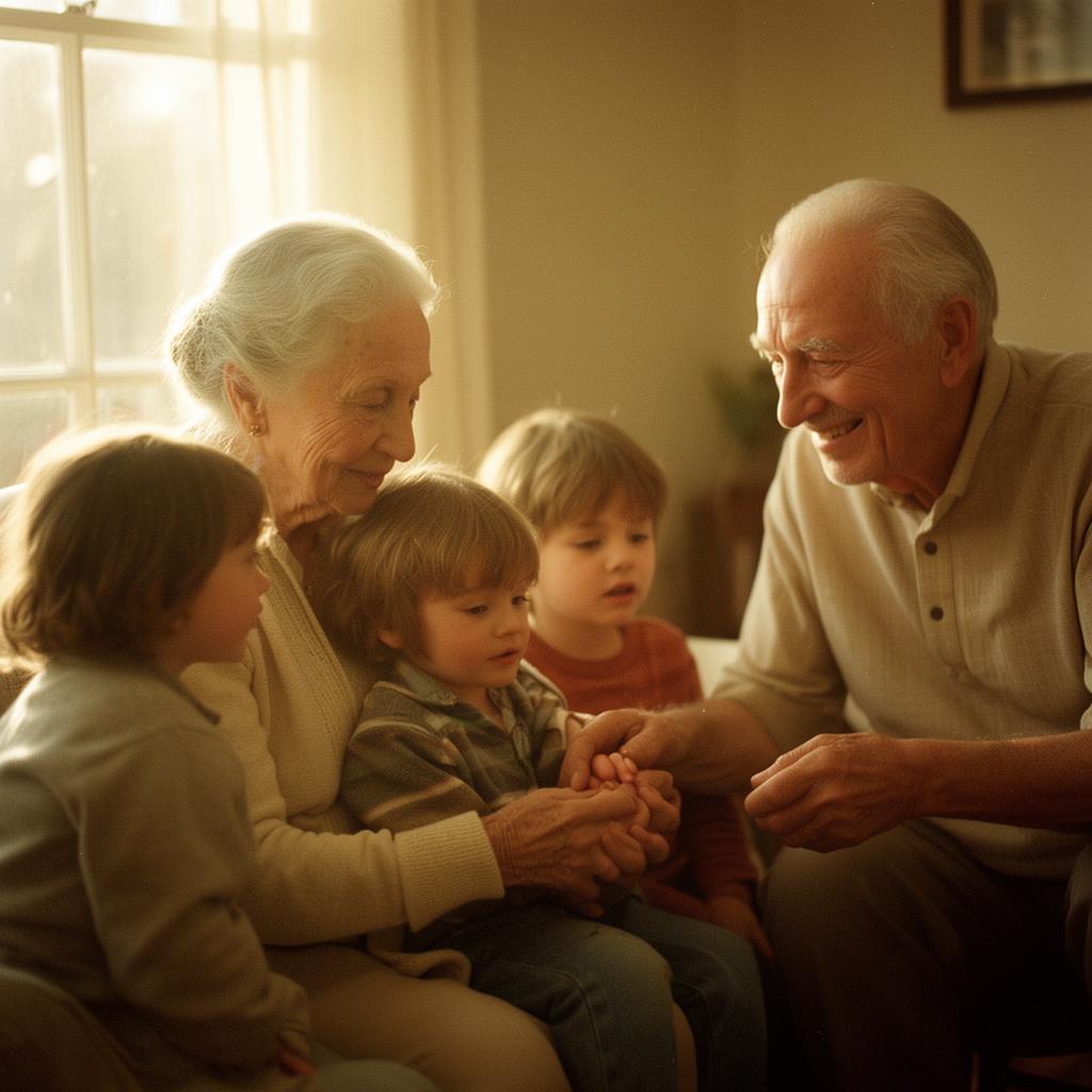 Grands-parents partageant leurs souvenirs avec leurs petits-enfants